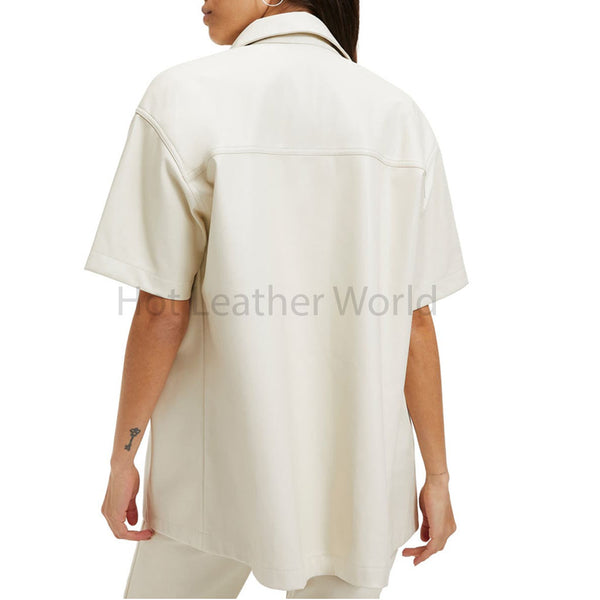 Off White Button Up Pockets Detailed Women Oversized Faux Leather Shirt -  HOTLEATHERWORLD