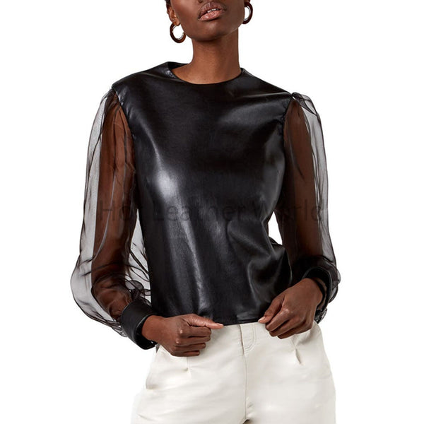 Premium Black Sheer Sleeves Women Hot Leather Top -  HOTLEATHERWORLD