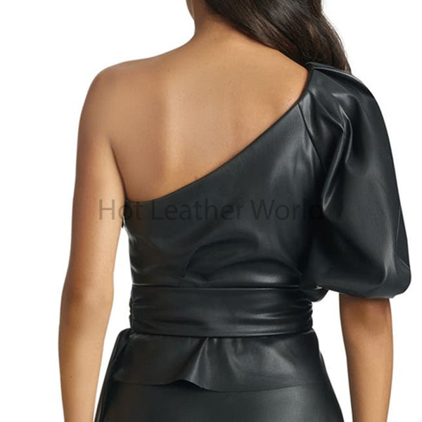 Classy Black One Shoulder Ruffle Hem Women Hot Leather Top -  HOTLEATHERWORLD