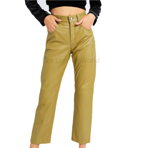Military Green Straight Fit Women Genuine Leather Pant -  HOTLEATHERWORLD