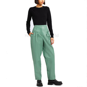 Sea Green Pleated Wide Leg Women Genuine Leather Pant -  HOTLEATHERWORLD