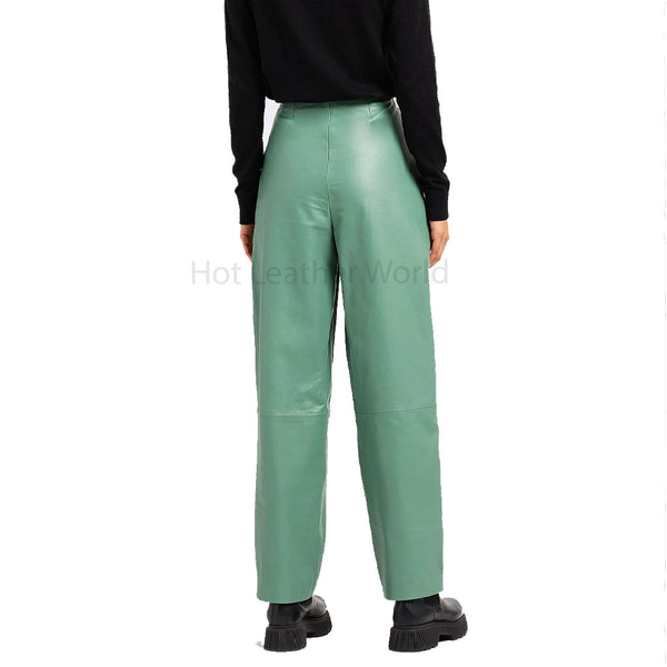 Sea Green Pleated Wide Leg Women Genuine Leather Pant -  HOTLEATHERWORLD