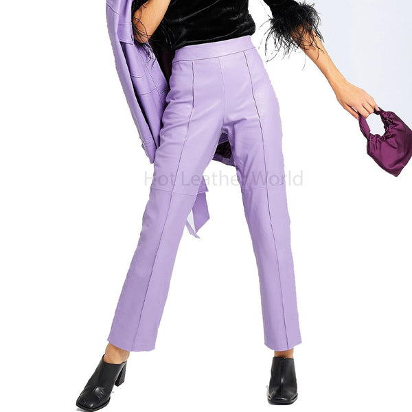Minimal Lilac High Waist Casual Women Genuine Leather Pant -  HOTLEATHERWORLD