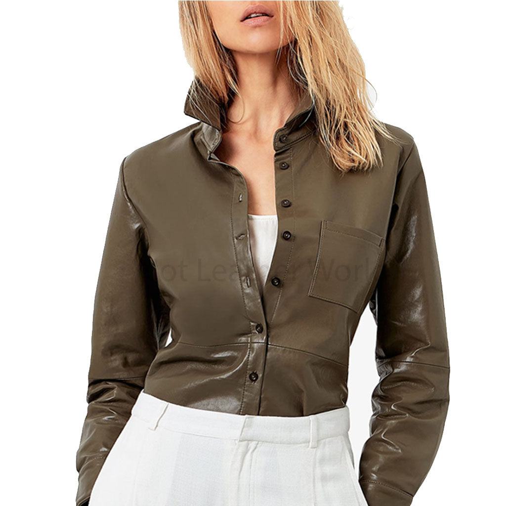 Olive Green Buttoned Women Genuine Leather Blouse -  HOTLEATHERWORLD