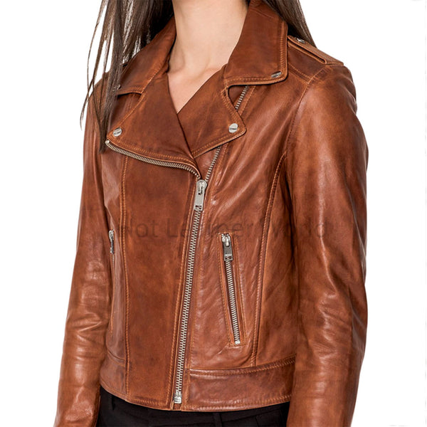 Classy Brown Zipper Detailed Women Genuine Leather Jacket -  HOTLEATHERWORLD