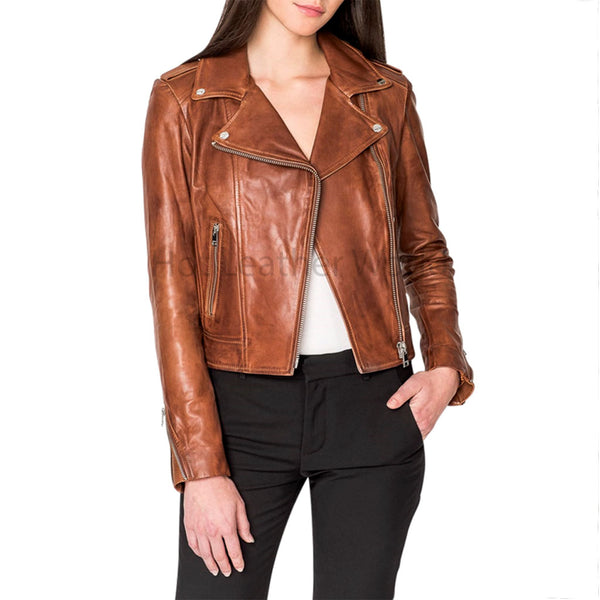 Classy Brown Zipper Detailed Women Genuine Leather Jacket -  HOTLEATHERWORLD