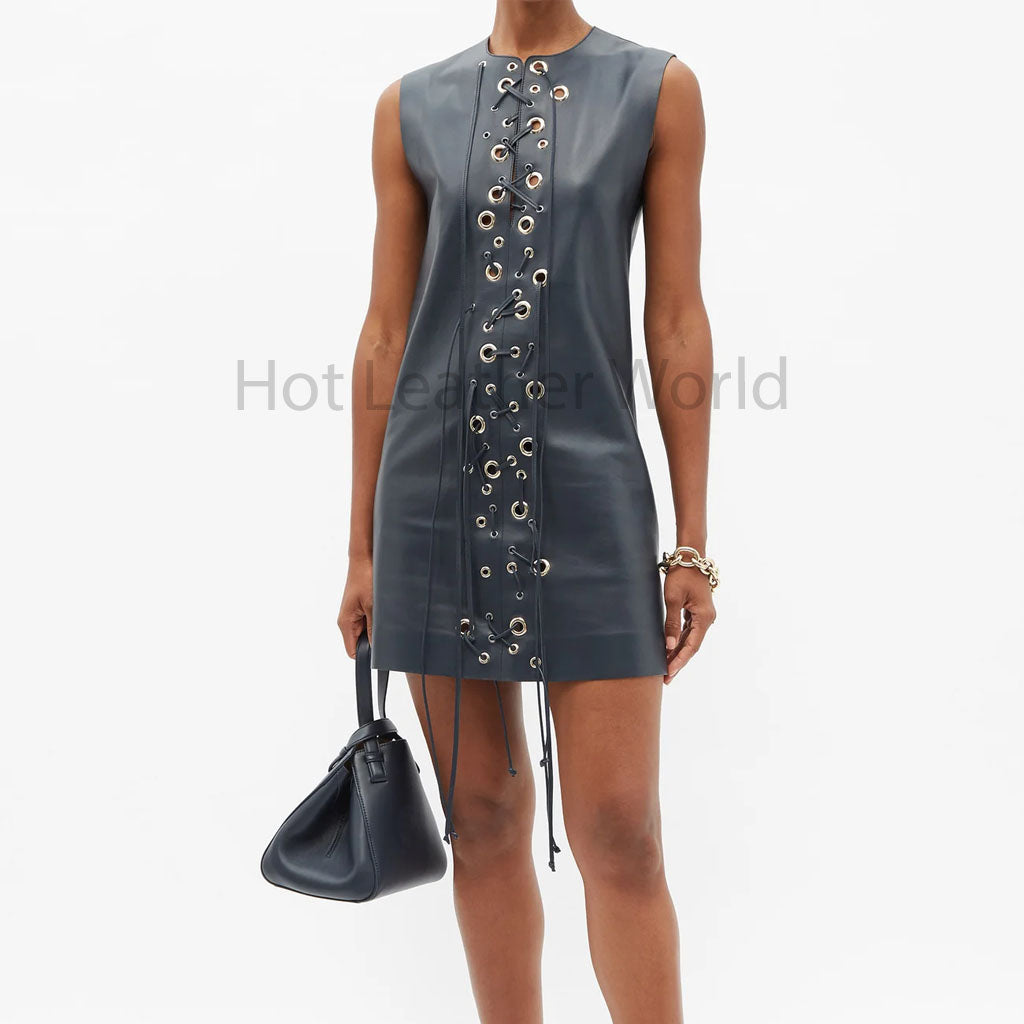 Stylish Grey Silver Eyelet And Laced Detailed Women Mini Leather Dress S / BROWN