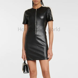 Voguish Black With White Striped Shoulder Short Sleeves Women Mini Leather Dress -  HOTLEATHERWORLD