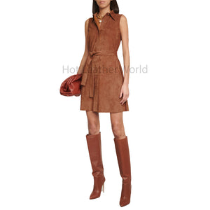 Premium Camel Brown Tie Belt Waist Mini Suede Leather Dress -  HOTLEATHERWORLD