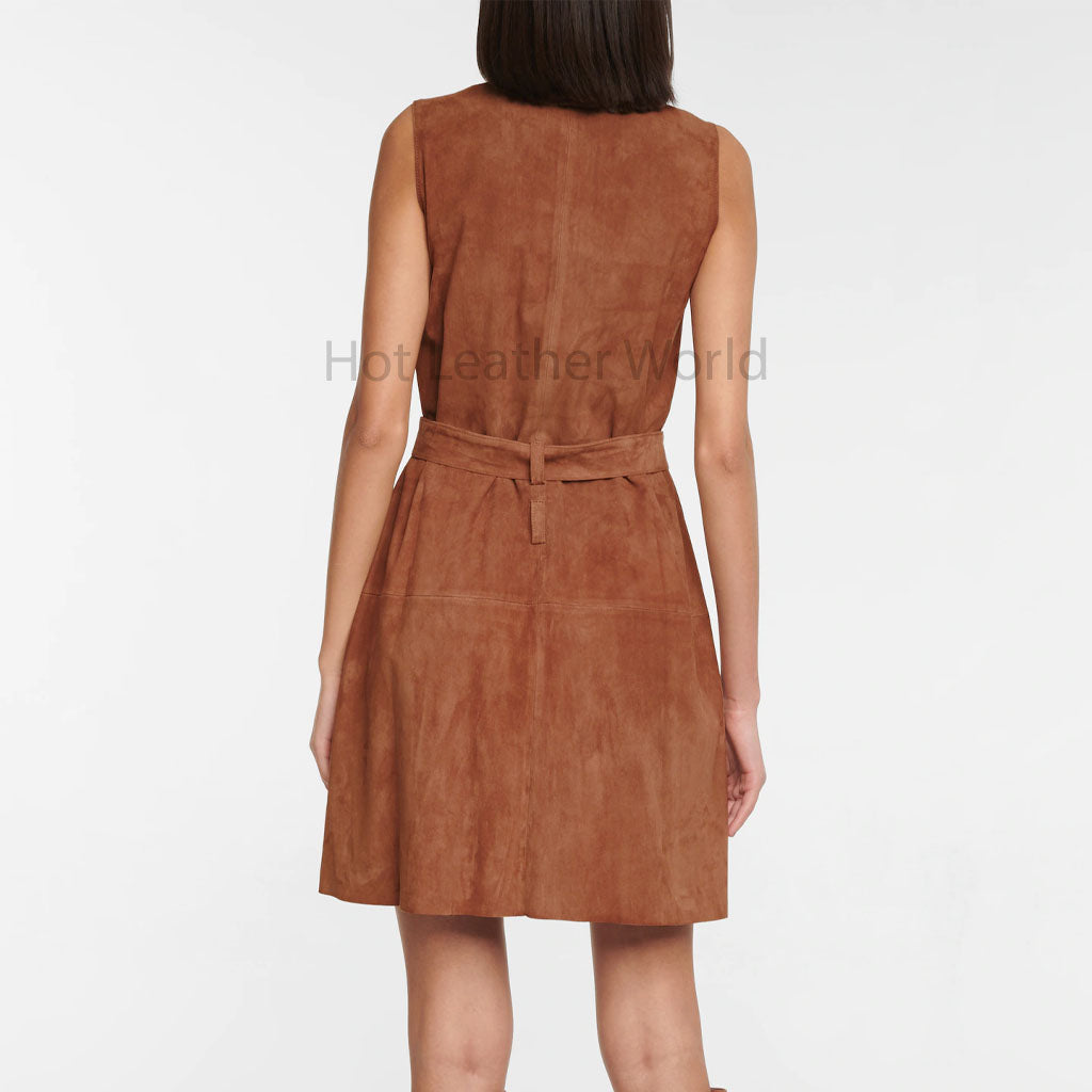 Premium Camel Brown Tie Belt Waist Mini Suede Leather Dress CUSTOM / BIURGUNDY