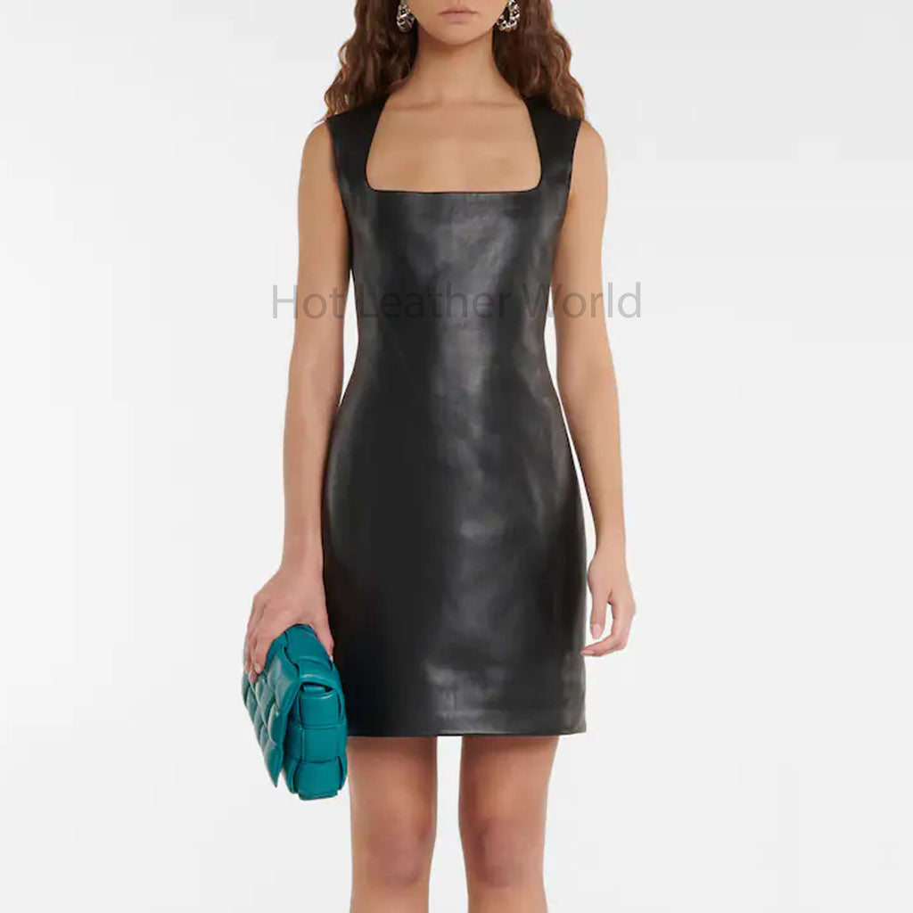 Elegant Black Square Neck Mini Length Women Genuine Leather Dress L / White Elegant Black Square Neck Mini Length Women Genuine Leather Dress L / White