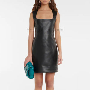 Elegant Black Square Neck Mini Length Women Genuine Leather Dress -  HOTLEATHERWORLD