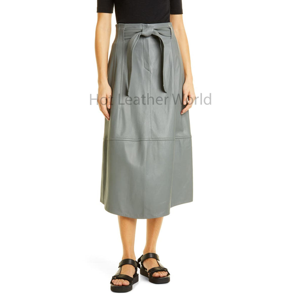 Slate Grey Elegant Belted Waist Midi Length Genuine Leather Skirt -  HOTLEATHERWORLD