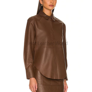Dark Brown Concealed Closure Women Hot Leather Shirt -  HOTLEATHERWORLD