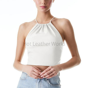 Snowy White Halter Neck Cropped Women Hot Leather Top -  HOTLEATHERWORLD