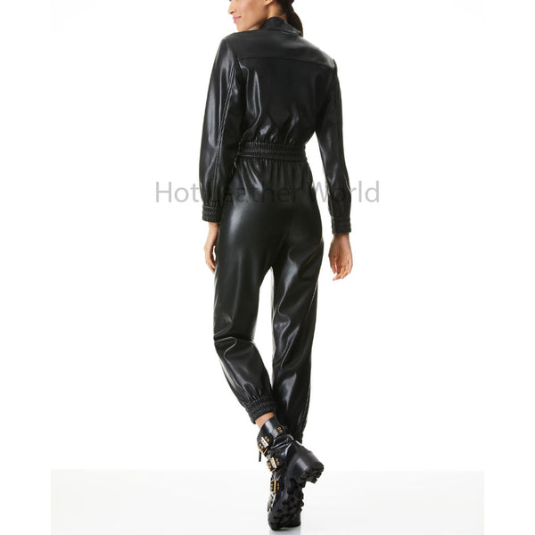 Vintage Black Smocked Waist Women Hot Leather Jumpsuit -  HOTLEATHERWORLD