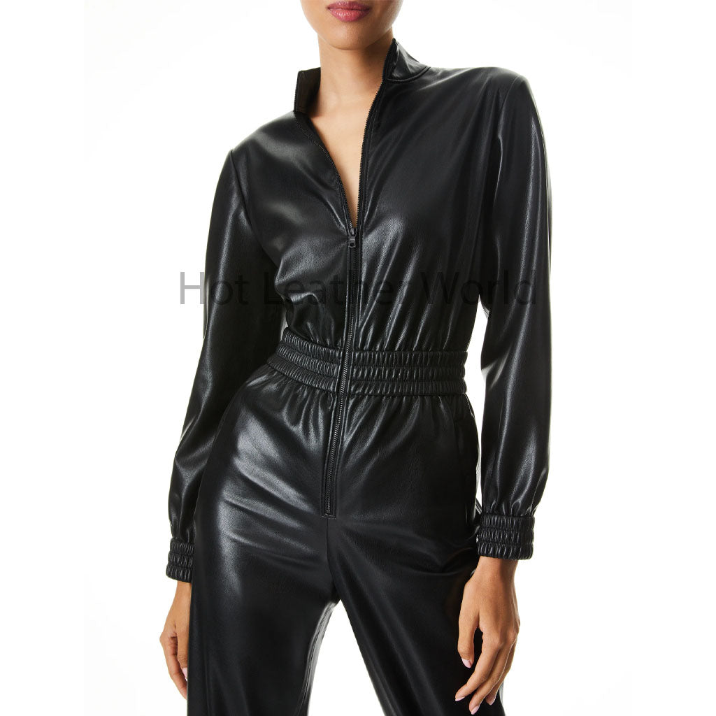 Vintage Black Smocked Waist Women Hot Leather Jumpsuit XS / Black Vintage Black Smocked Waist Women Hot Leather Jumpsuit XS / Black