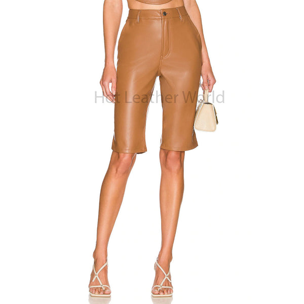 Light Brown Multi Pockets Women Hot Leather Shorts -  HOTLEATHERWORLD