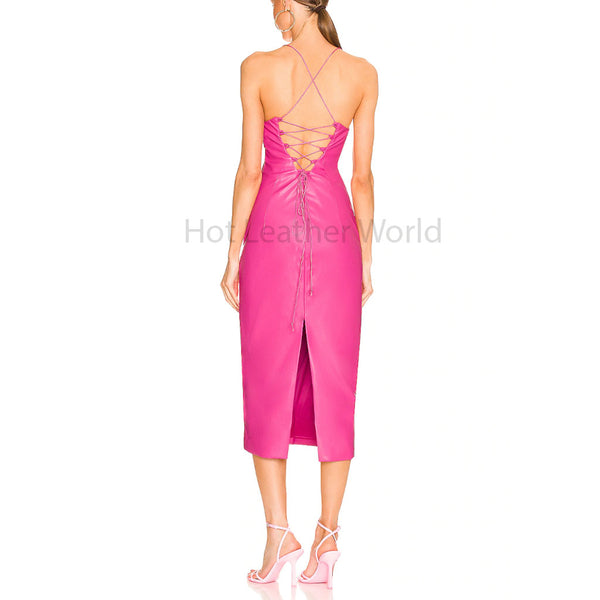 Hot Pink Square Neck Laced Back Women Midi Leather Dress -  HOTLEATHERWORLD