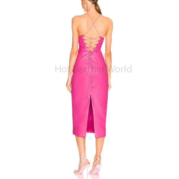 Hot Pink Square Neck Laced Back Women Midi Leather Dress S / RED Hot Pink Square Neck Laced Back Women Midi Leather Dress S / RED