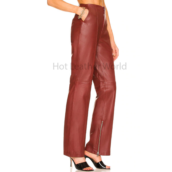 Stylish Burgundy Red Zipper Hem Women Straight Fit Hot Leather Pant -  HOTLEATHERWORLD