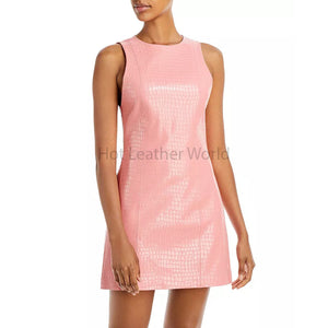 Baby Pink Croc Embossed Women A Line Hot Leather Dress -  HOTLEATHERWORLD