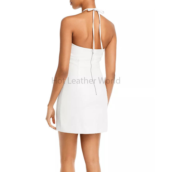 Classy White Halter Neck Cutout Women Hot Leather Dress -  HOTLEATHERWORLD