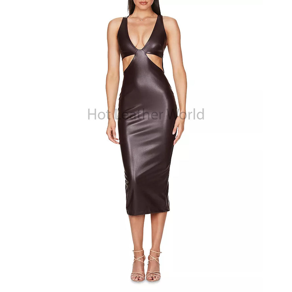 Chocolate Brown Deep Neck Bodycon Women Hot Leather Dress -  HOTLEATHERWORLD