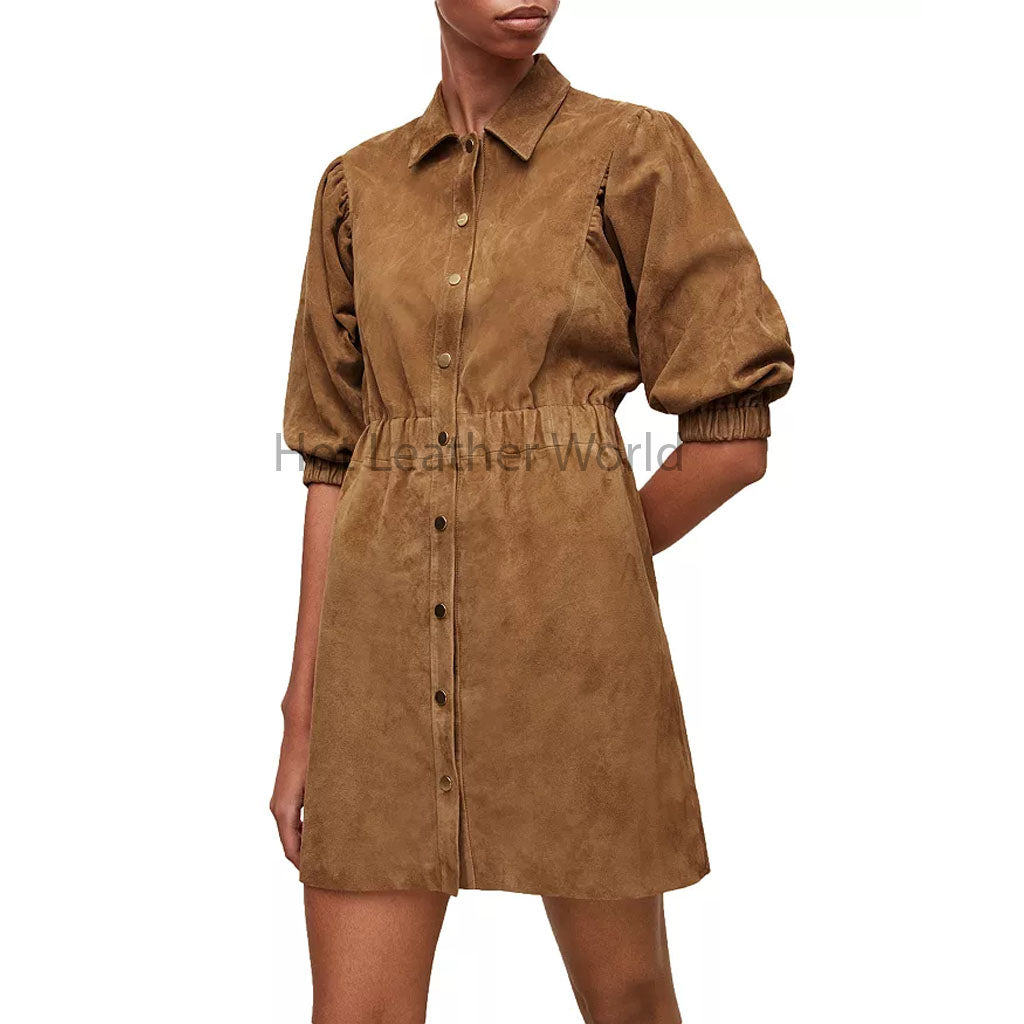 Tan Brown Puffed Sleeves Shirt Style Women Mini Suede Leather Dress Xs / Red