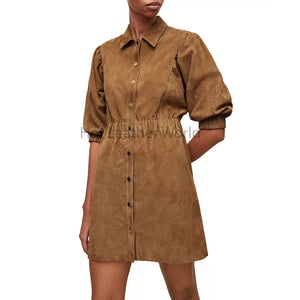 Tan Brown Puffed Sleeves Shirt Style Women Mini Suede Leather Dress -  HOTLEATHERWORLD