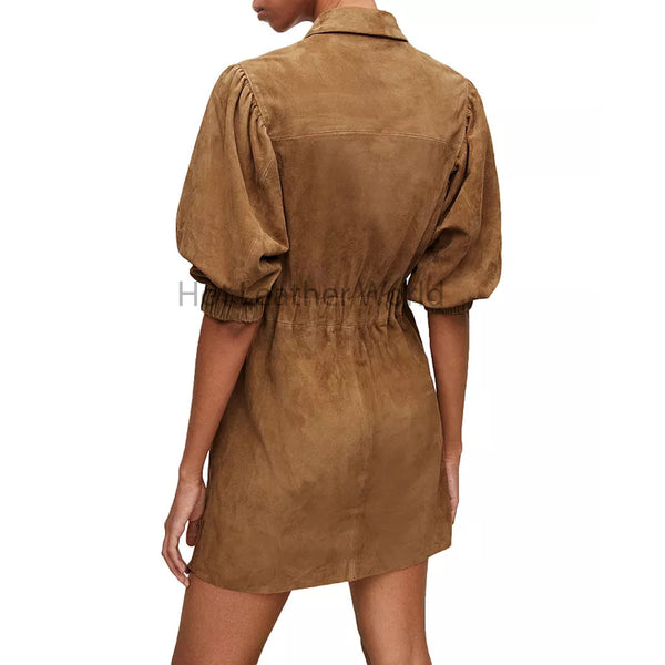Tan Brown Puffed Sleeves Shirt Style Women Mini Suede Leather Dress -  HOTLEATHERWORLD