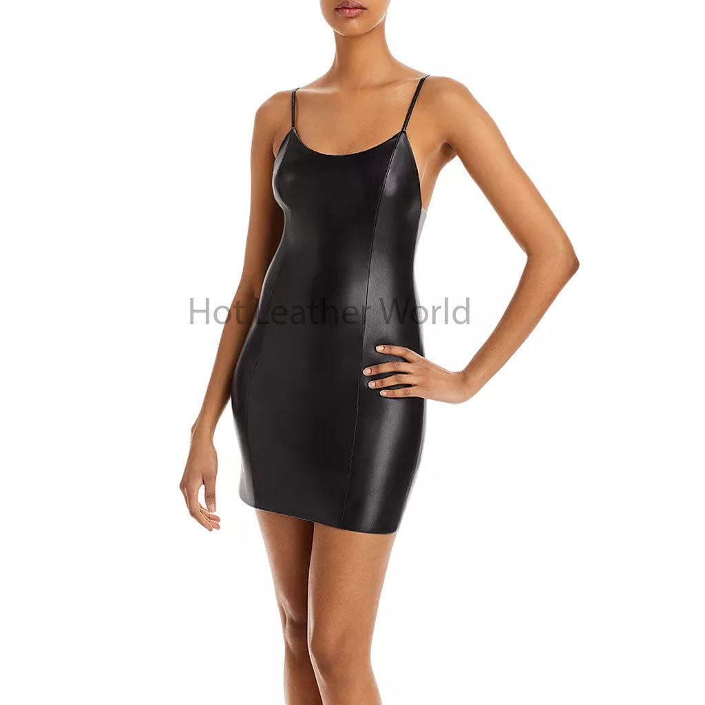 Jet Black Spaghetti Strap Mini Hot Leather Dress S / BURGUNDY