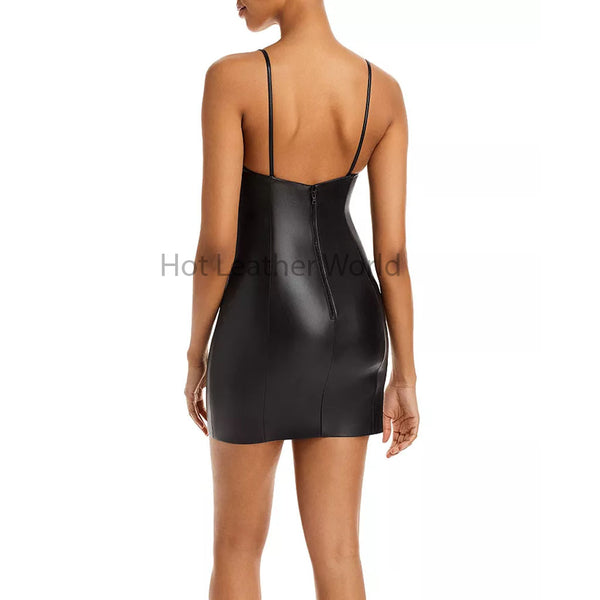 Jet Black Spaghetti Strap Mini Hot Leather Dress -  HOTLEATHERWORLD
