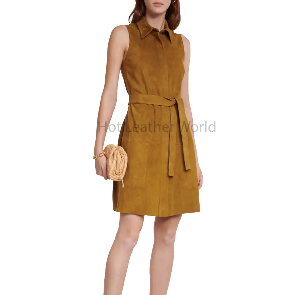Premium Tan Brown Flared Women Mini Suede Leather Dress L / SAME AS PICTURE
