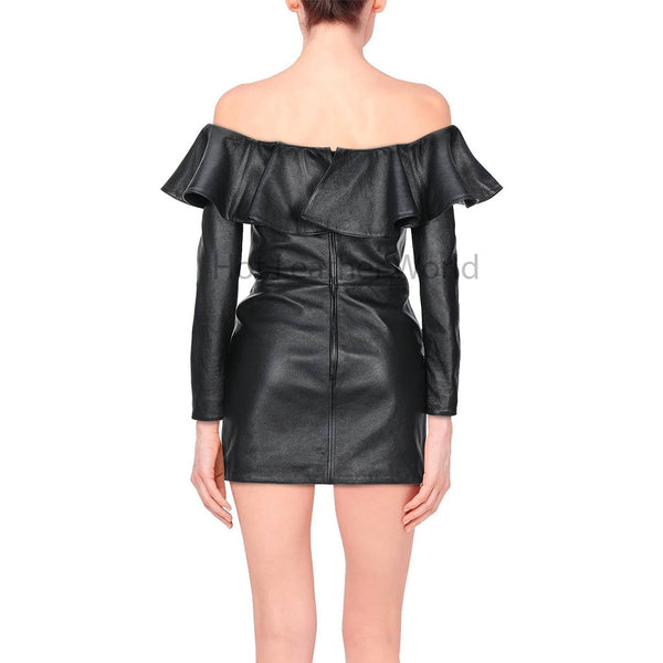 Voguish Black Ruffle Neck Women Mini Leather Dress -  HOTLEATHERWORLD