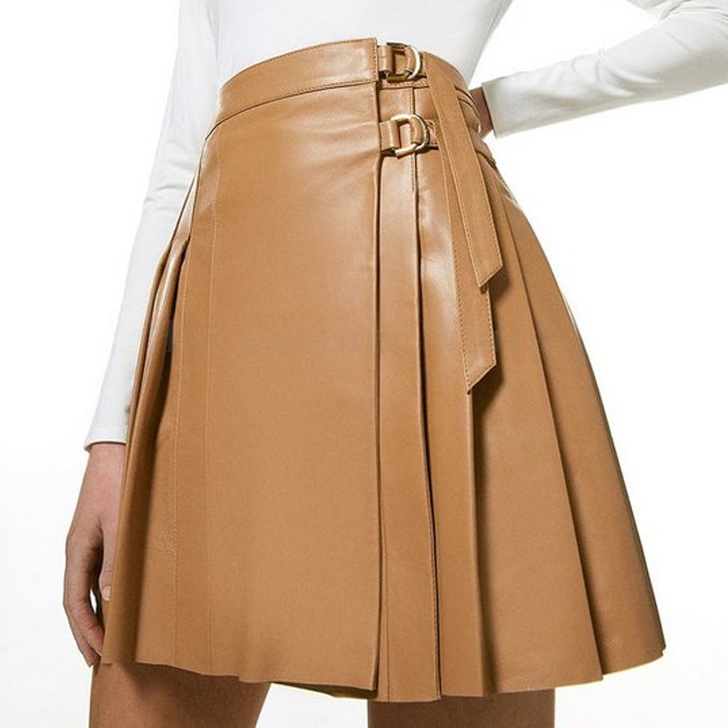 Voguish Camel Brown Pleated Side Buckle Detailed Women Mini Hot Leather Skirt -  HOTLEATHERWORLD