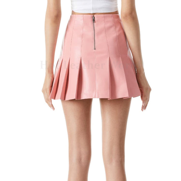 Rose Pink Elegant Box Pleated Women Mini Hot Leather Skirt -  HOTLEATHERWORLD