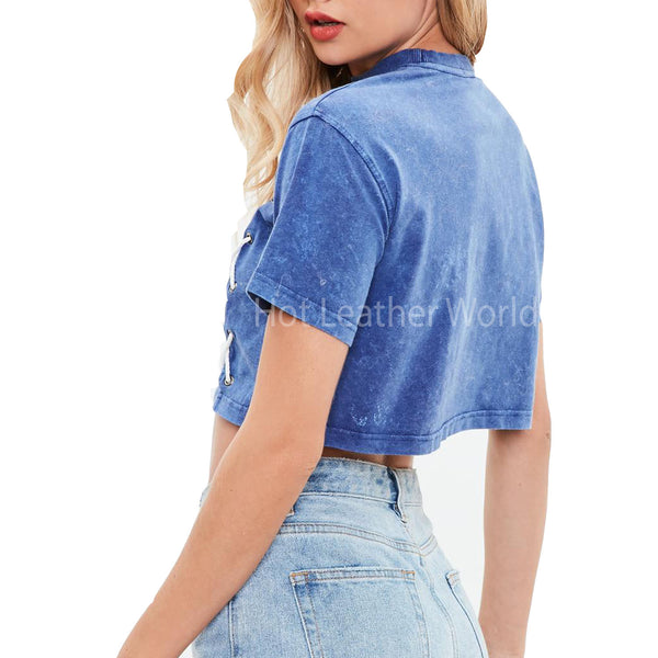 Blue Lace Up Crop Suede Leather T-Shirt -  HOTLEATHERWORLD
