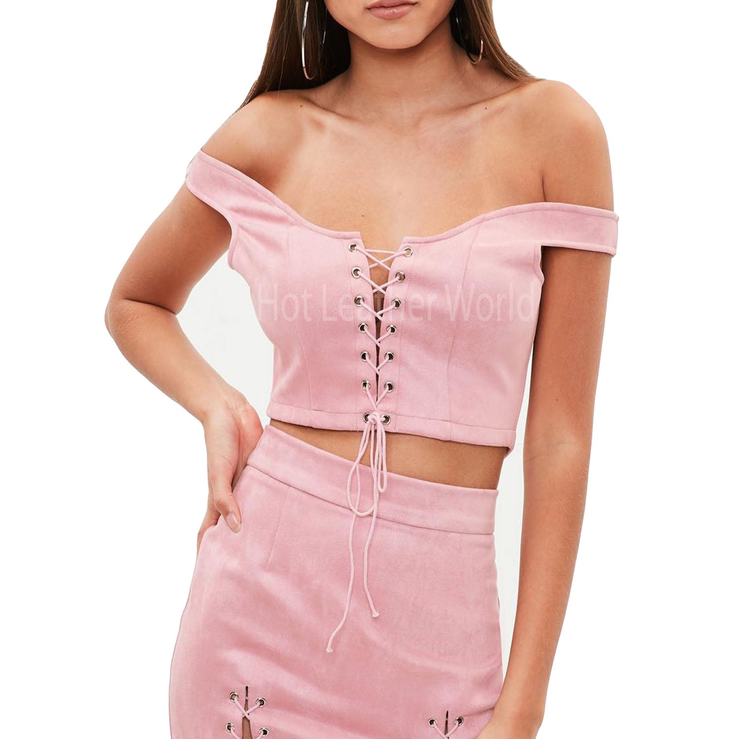 Pink Suede Leather Front Lace Up Top -  HOTLEATHERWORLD