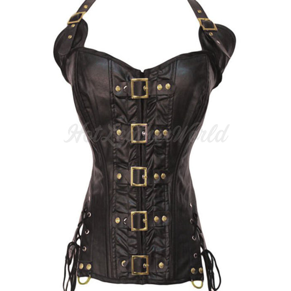 Steampunk Sexy Black Faux Leather Buckle Overbust Halter Corset Top Waist  Corselet Burlesque Costume Push Up Corsets : : Clothing, Shoes &  Accessories