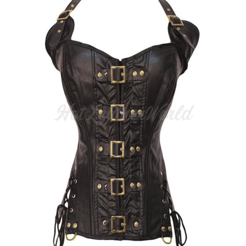 Faux Leather Halter Steampunk Corset Top -  HOTLEATHERWORLD