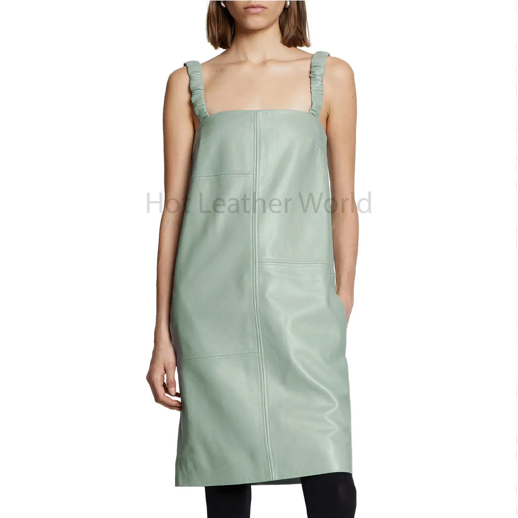 Sage Green Square Neck Women Knee Length Women Leather Dress M / SAME AS PICTURE