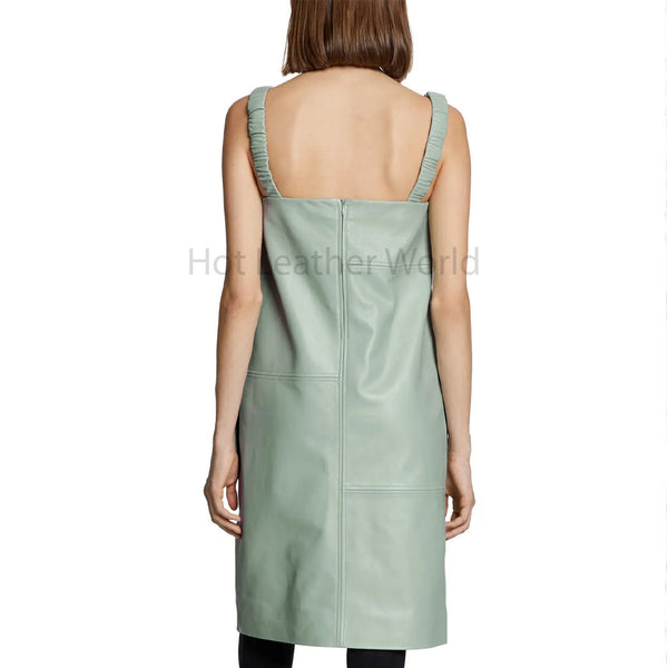 Sage Green Square Neck Women Knee Length Women Leather Dress -  HOTLEATHERWORLD