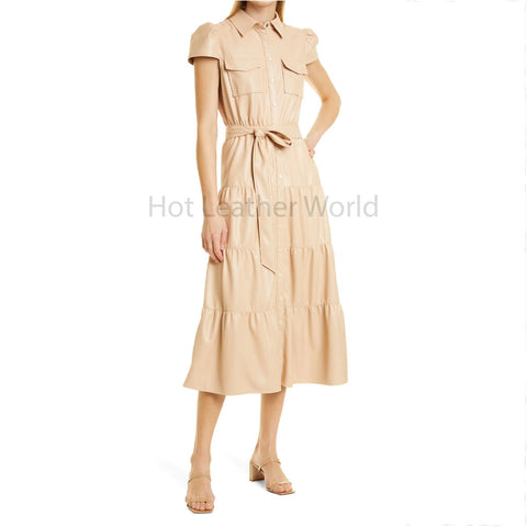 Buttery Brown Shirt Style Layered Frills Women Midi Leather Dress -  HOTLEATHERWORLD