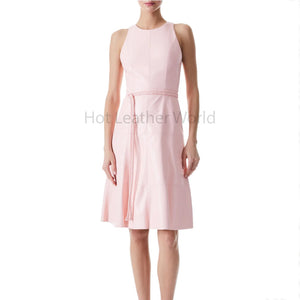 Elegant Rose Pink Patchwork Detailed Women Leather Dress -  HOTLEATHERWORLD
