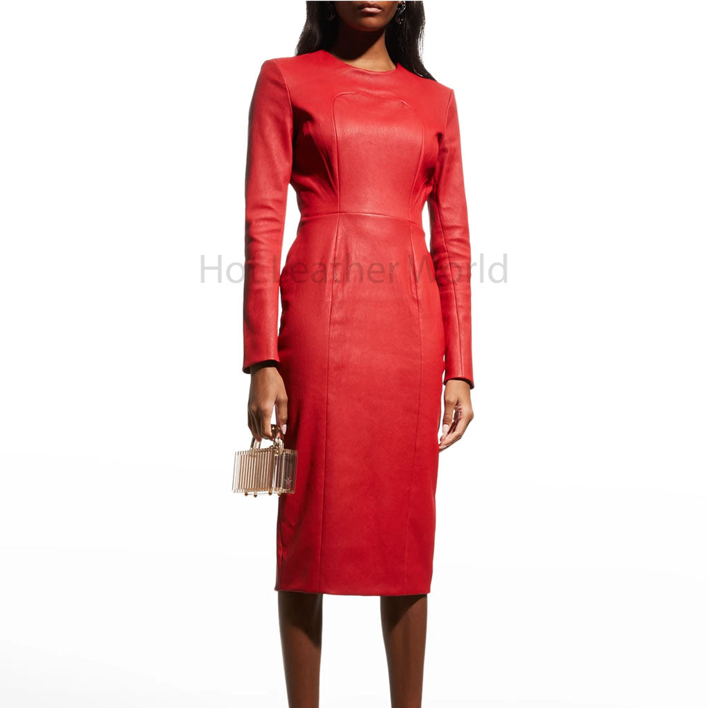 Crimson Red Long Sleeves Sheath Silhouette Women Midi Leather Dress -  HOTLEATHERWORLD