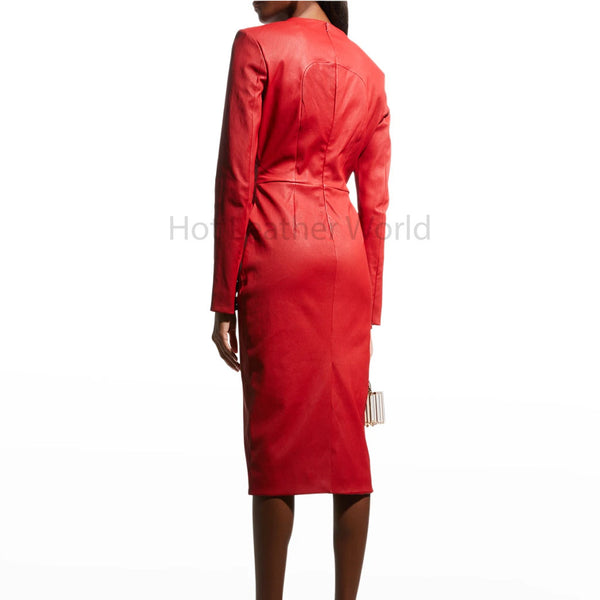 Crimson Red Long Sleeves Sheath Silhouette Women Midi Leather Dress -  HOTLEATHERWORLD