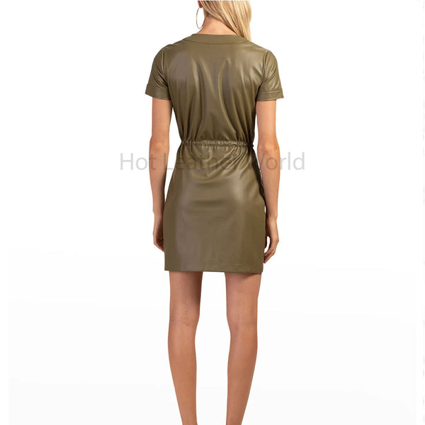 Saguaro Green Multi Pockets Drawstring Waist Women Mini Leather Dress -  HOTLEATHERWORLD