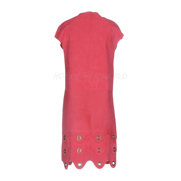 V-Neckline Red Suede Leather Dress -  HOTLEATHERWORLD