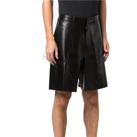 Formal Black Minimal Men Cargo Leather Shorts -  HOTLEATHERWORLD